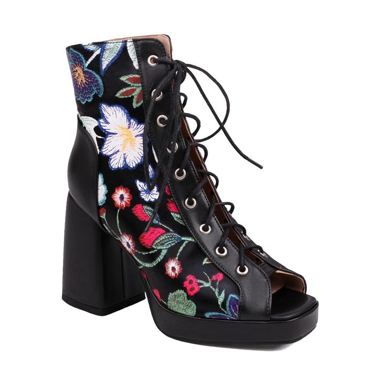 

Женские сандалии с открытым носком, удобные ботинки на платформе и толстом высоком каблуке с вышивкой, женская модная обувь, летняя обувь Balck 46 33 чёрный