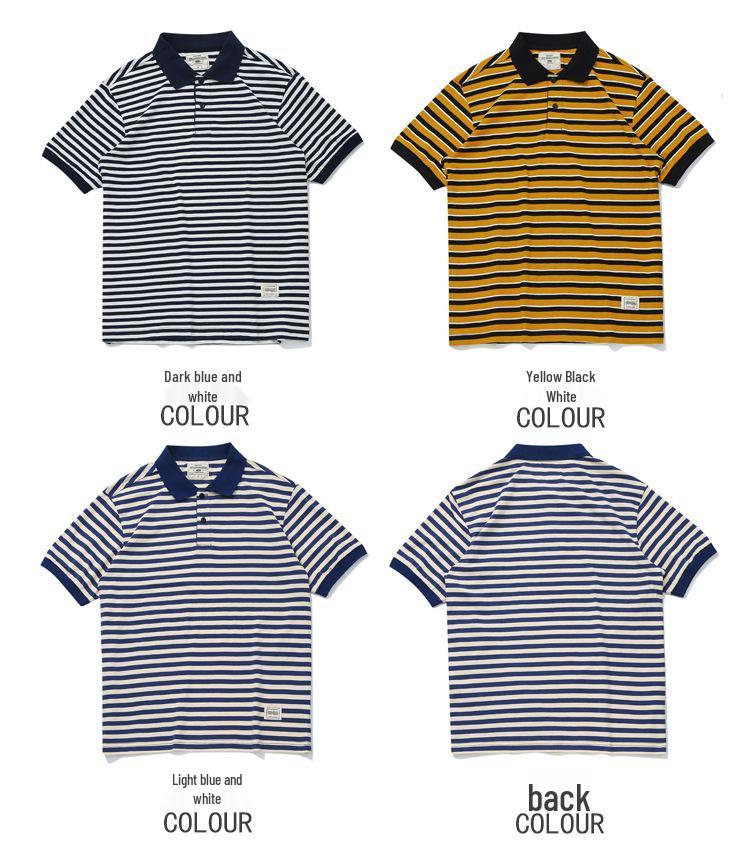 Vintage Sailor Striped Cotton Polo Shirt for Men - Summer Short Sleeve Turn-Down Collar
