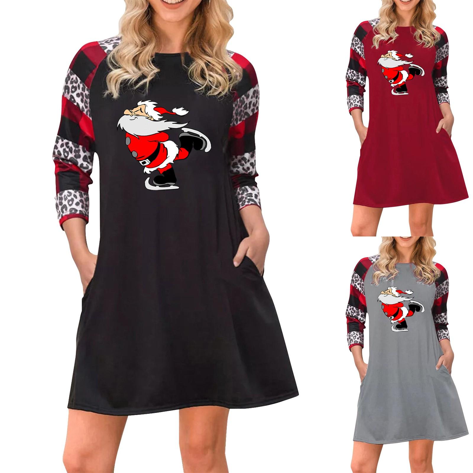 

Женское платье-туника с рождественским принтом и длинными рукавами, карманы, платье-футболка больших размеров M чёрный