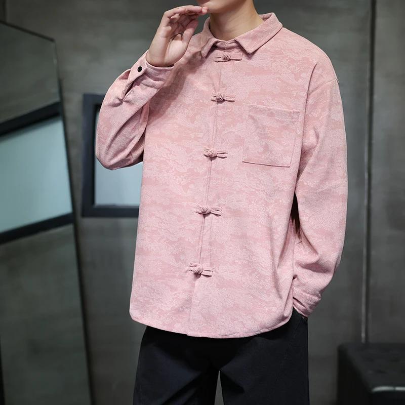 Camicia da uomo a maniche lunghe primaverile Camicie da uomo stile cinese Camicie da uomo monopetto con colletto quadrato Top vintage da uomo con ricamo