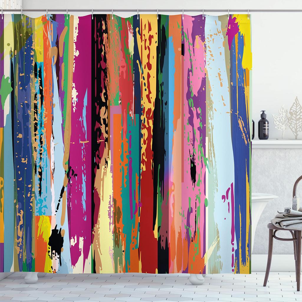 Bunter Duschvorhang Kunst Abstrakt Aquarell Mehrfarbig Regenbogen Atomare Sternenexplosion Mid Century Schwarzer Stoff Badezimmer Dekoration