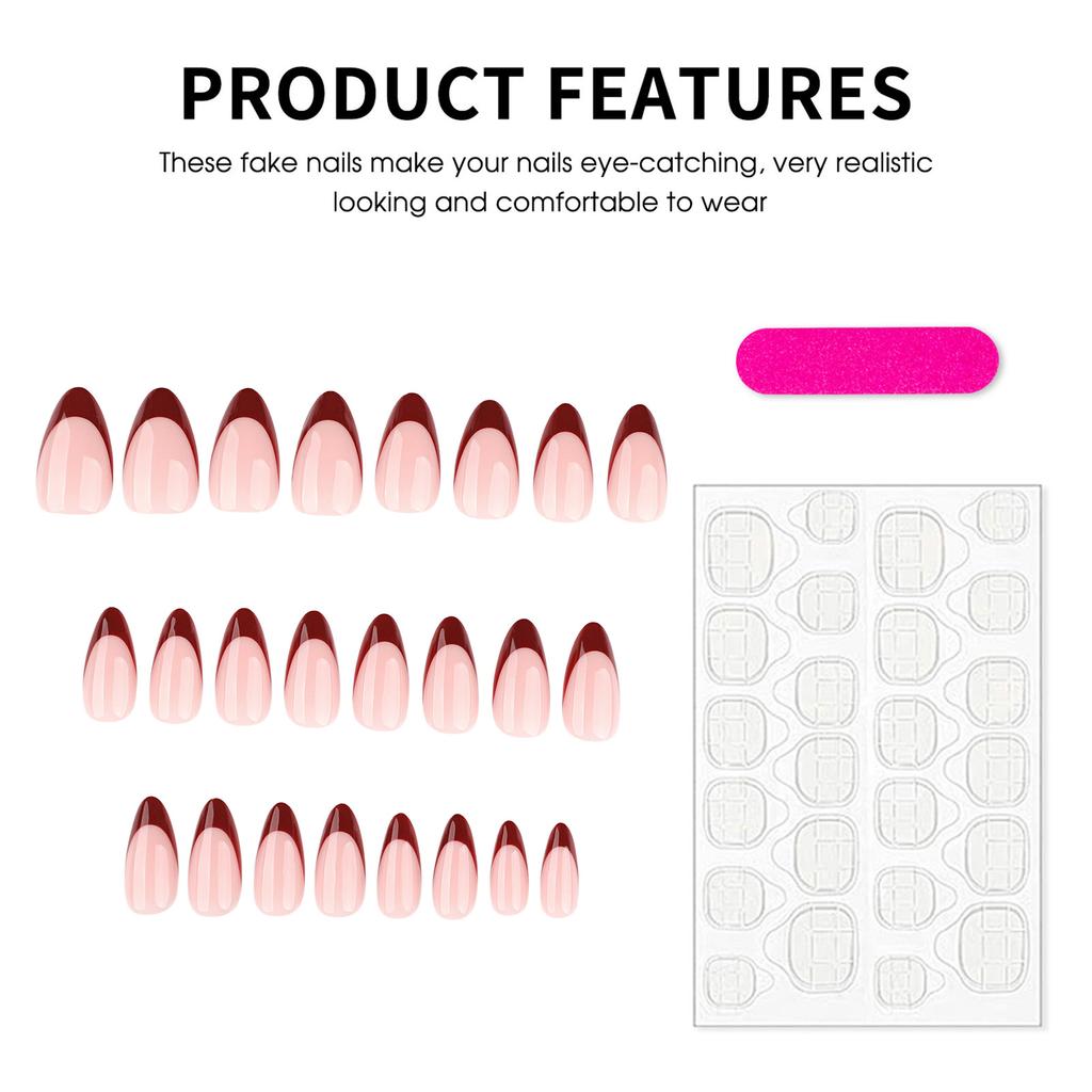 24Pcs French Wine Red Almond Press On Nails Durable Scratch Resistant Manicure Tool For Party Wedding Daily Use