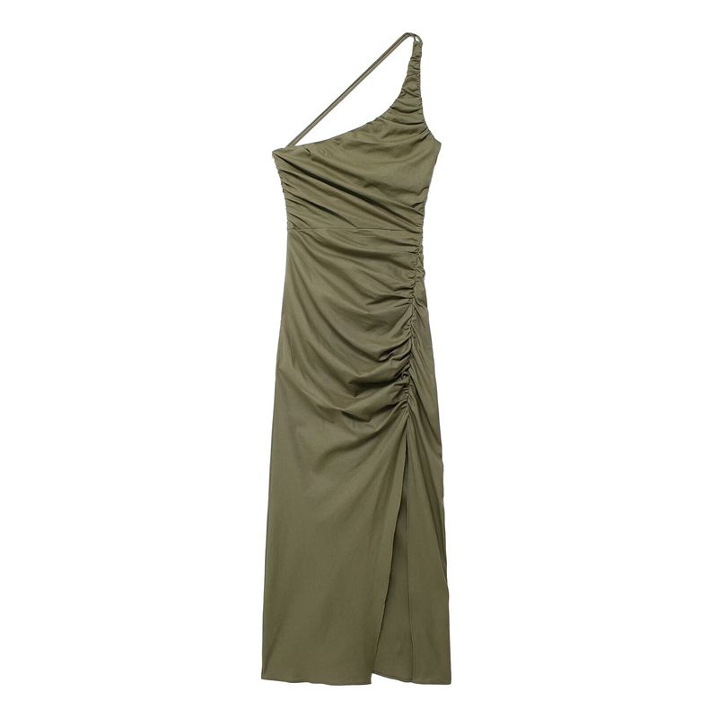

Kaslead New Arrival Women s Clothing Fashion Style Fashion Silm Ruched Decoration Asymmetric Dress 3218729 Army Green L