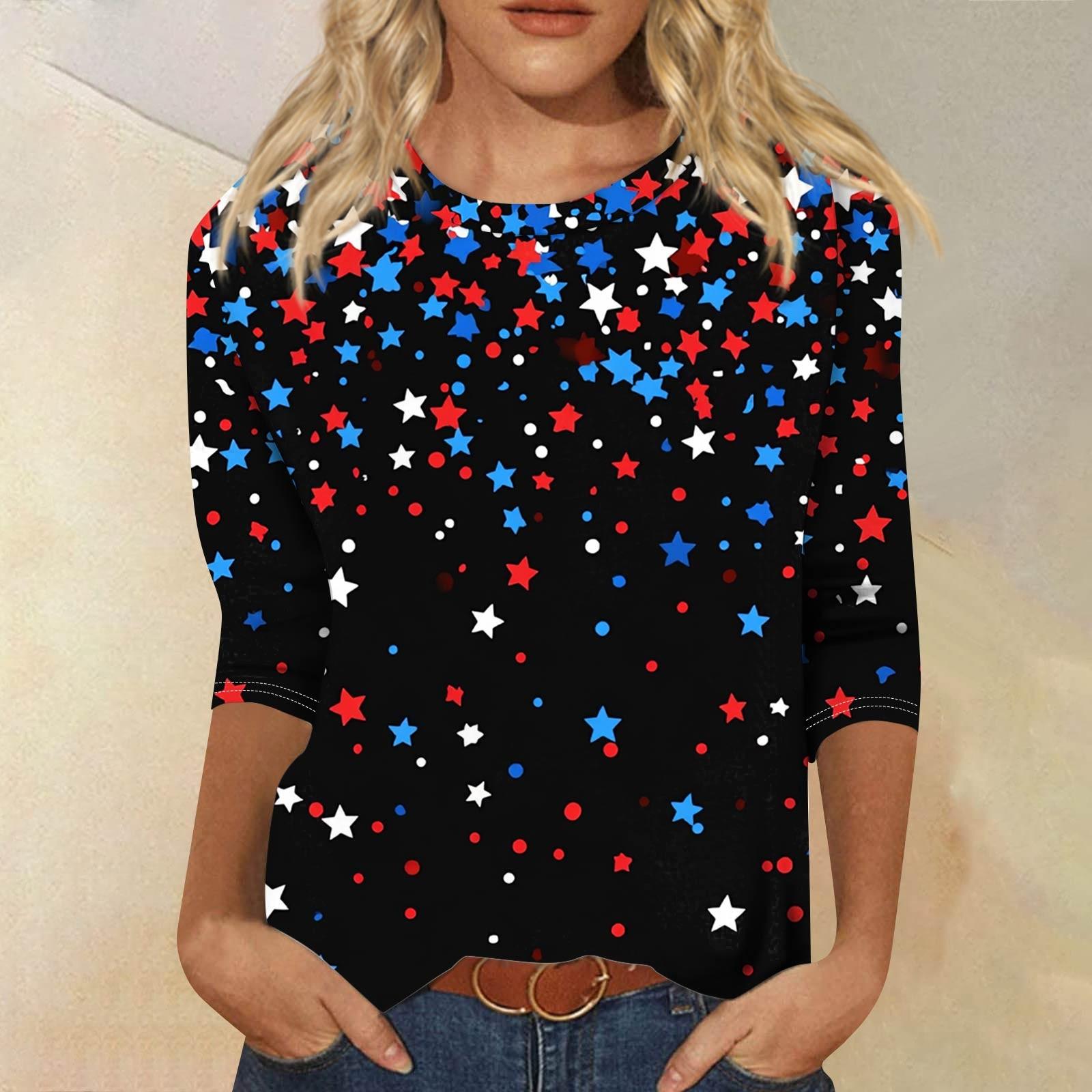 Women s Fashion Casual Seven Sleeve Independence Day Printed Round Neck Top L