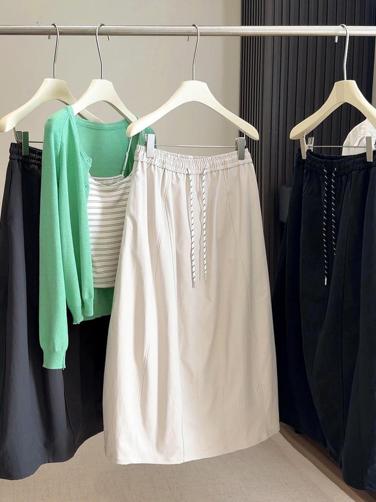 Women's A-line High-Waisted Cargo Midi Skirt, Spring/Autumn Style, Elastic Drawstring Waist, Slimming Fit for Pear-Shaped Figures