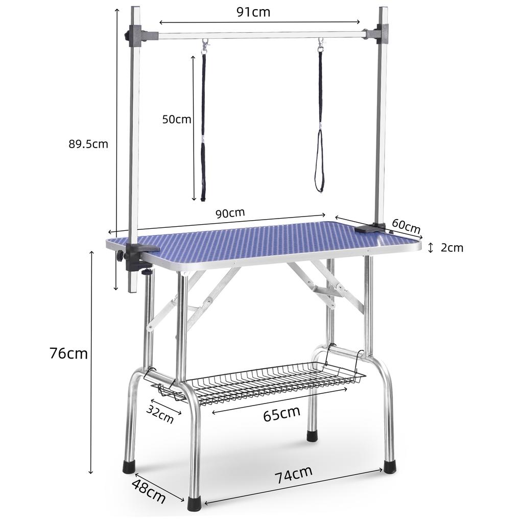 Tavolo Professionale Pieghevole per Toelettatura Animali Domestici Dotato di Braccio di Supporto Portatile, Guinzaglio e Ripiano a Rete Blu 90*60*76cm (L*P*A) Capacità di carico massima 60 kg