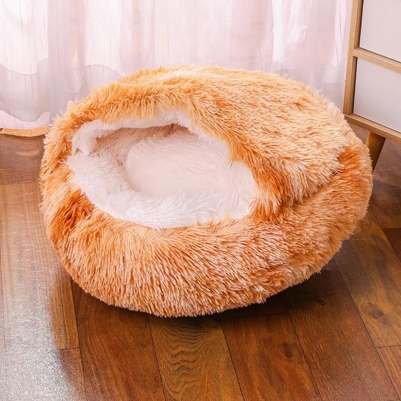 Cat Bed Round Plush Fluffy Hooded Cozy Cat Bed Cave for Indoor Donut Self Warming Small Dog Bed Anti-anxiety Puppy Kennel