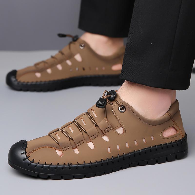 Fashion Big Size Casual Hallow Leather Sandals for Men 2025 Summer New Designer Solid Color Elastic Band Breathable Shoes Man