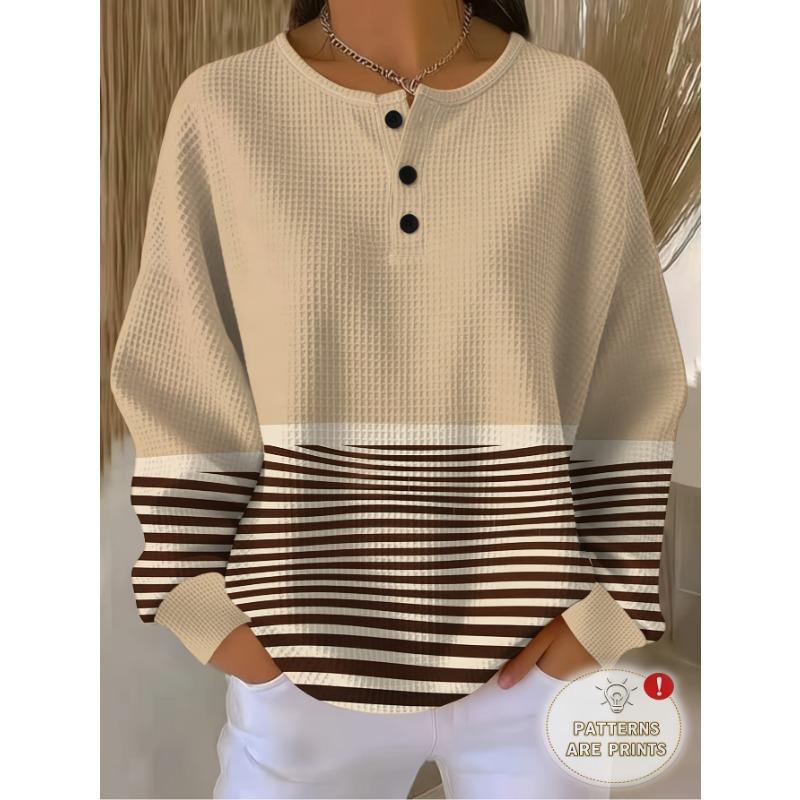 Women's Three-Button Henley Collar Waffle Long-Sleeve Top, Featuring a Contrasting Stripe Patchwork Design.