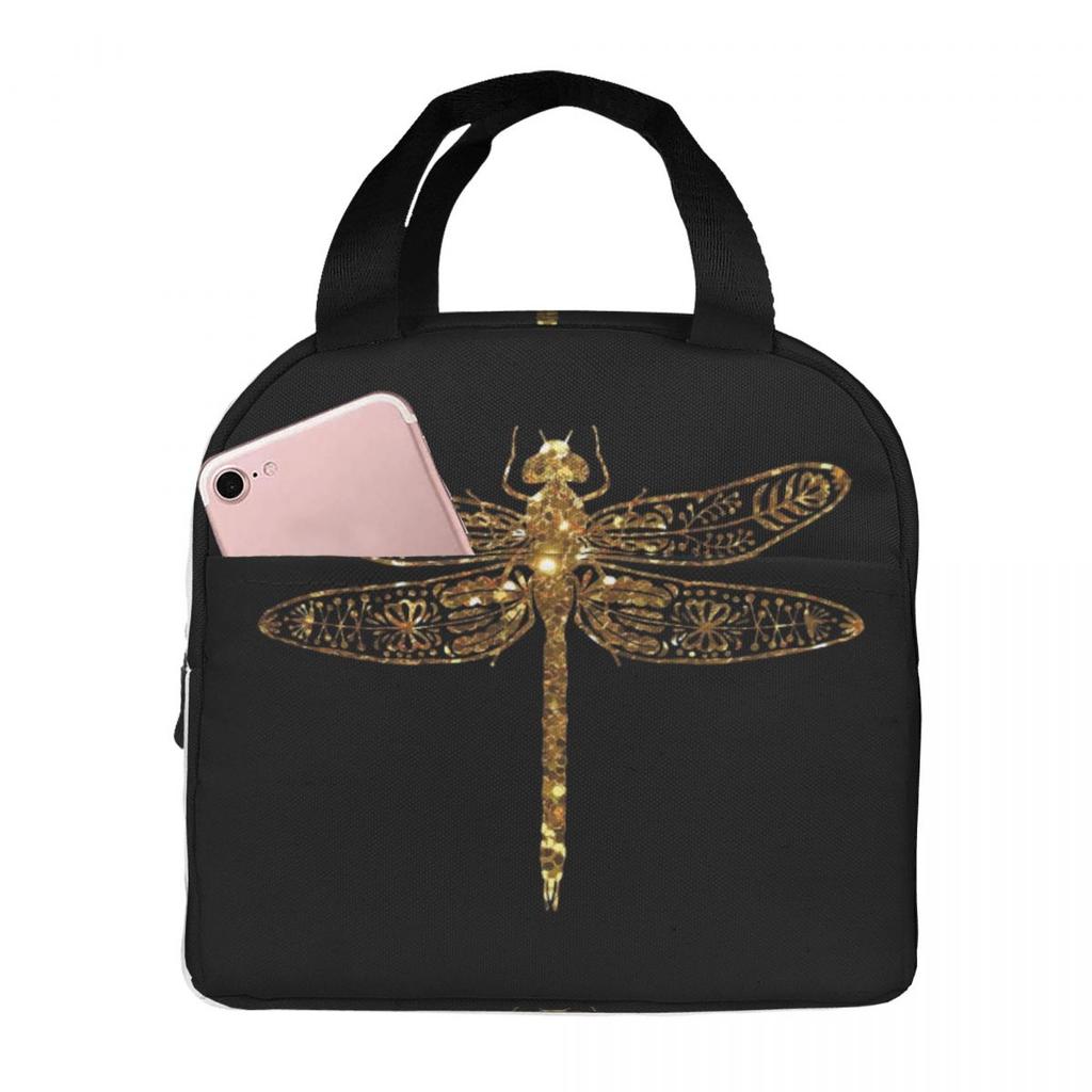 Fancy Gold Glitter Dragonfly Insulated Lunch Bag for Women Kids Leakproof Food Boxes Thermal Lunch Box Tote