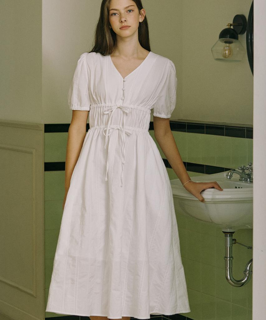 Nonlocal Ribbon Shirring Long Dress - White