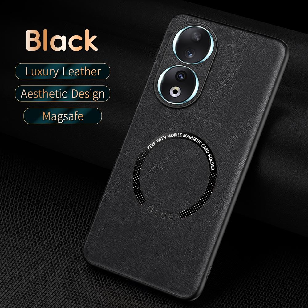 For Honor 90 90 Pro 90 Lite Fine Hole PU Cow Pattern Leather Outer Magnetic Ring Soft Edge Anti-Drop Anti-Fingerprint Phone Case