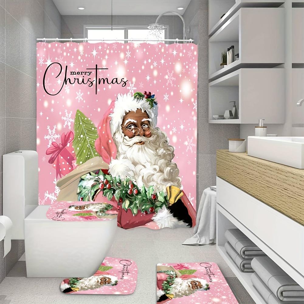 4-teiliges Weihnachtsmann-Duschvorhang-Set, wasserdichter Duschvorhang mit 12 Haken an der Rückseite, Badezimmermatte, U-förmiger WC-Vorleger, WC-Deckel-Pad