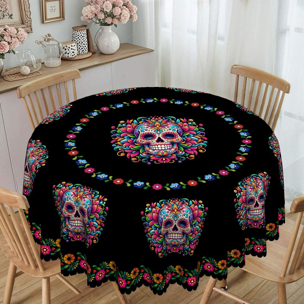 1 Piece, Halloween Colorful Skull Round Tablecloth With Bright Flowers And Skull Designs On A Black Background