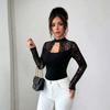 Women Solid Color Lace Hollow Out Patchwork Casual Long Sleeve T Shirt Top