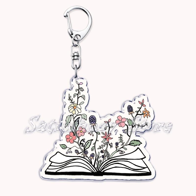 Pastel I Heart Flowery Books Keychains Ring for Accessories Bag Pendant Key Chain Keyring Jewelry Fans Lovers Gifts