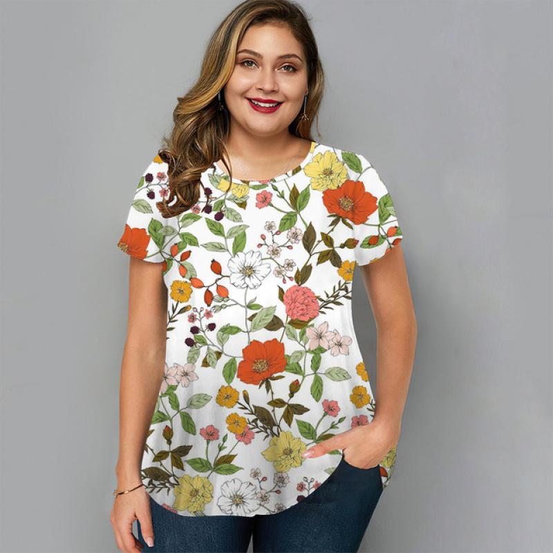 Summer O-Neck Womens T-Shirt Oversized Clothes Harajuku Casual Loose Top Floral Print Funny T-Shirt for Ladies Pullover Street