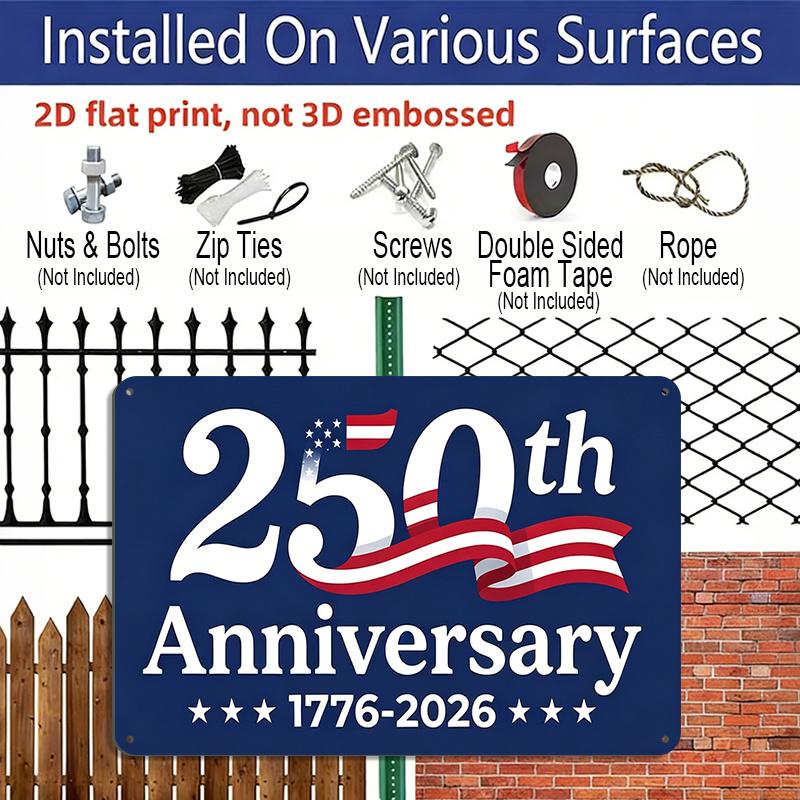 2D Flat, 1pc "250th Anniversary 1776-2026" USA Patriotic Aluminium Sign 12x8 Inch - Blue Red White American Flag Design, USA 250th Independence Day
