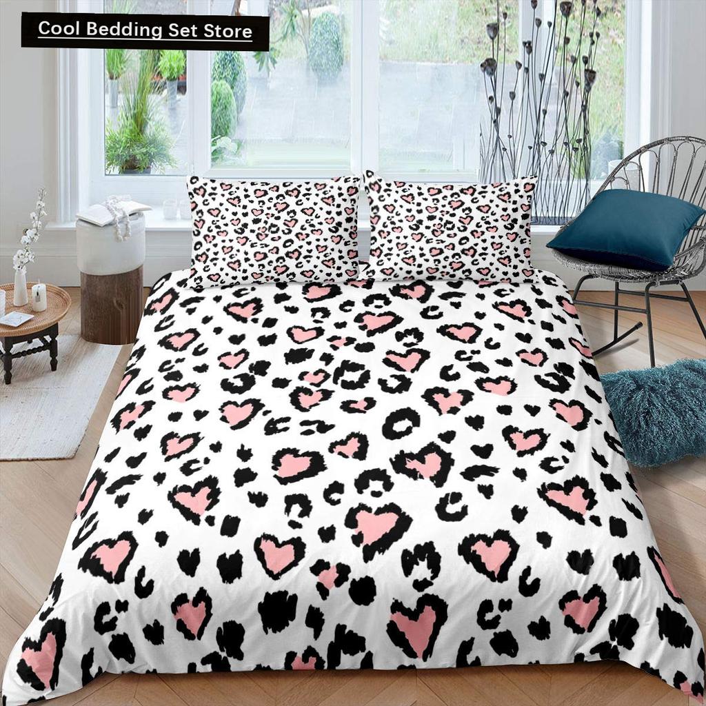 Pink Leopard King Queen Duvet Cover Girly Glitter Bedding Set Cheetah Skin Pattern Quilt Cover 2/3pcs Polyester Comforter Cover