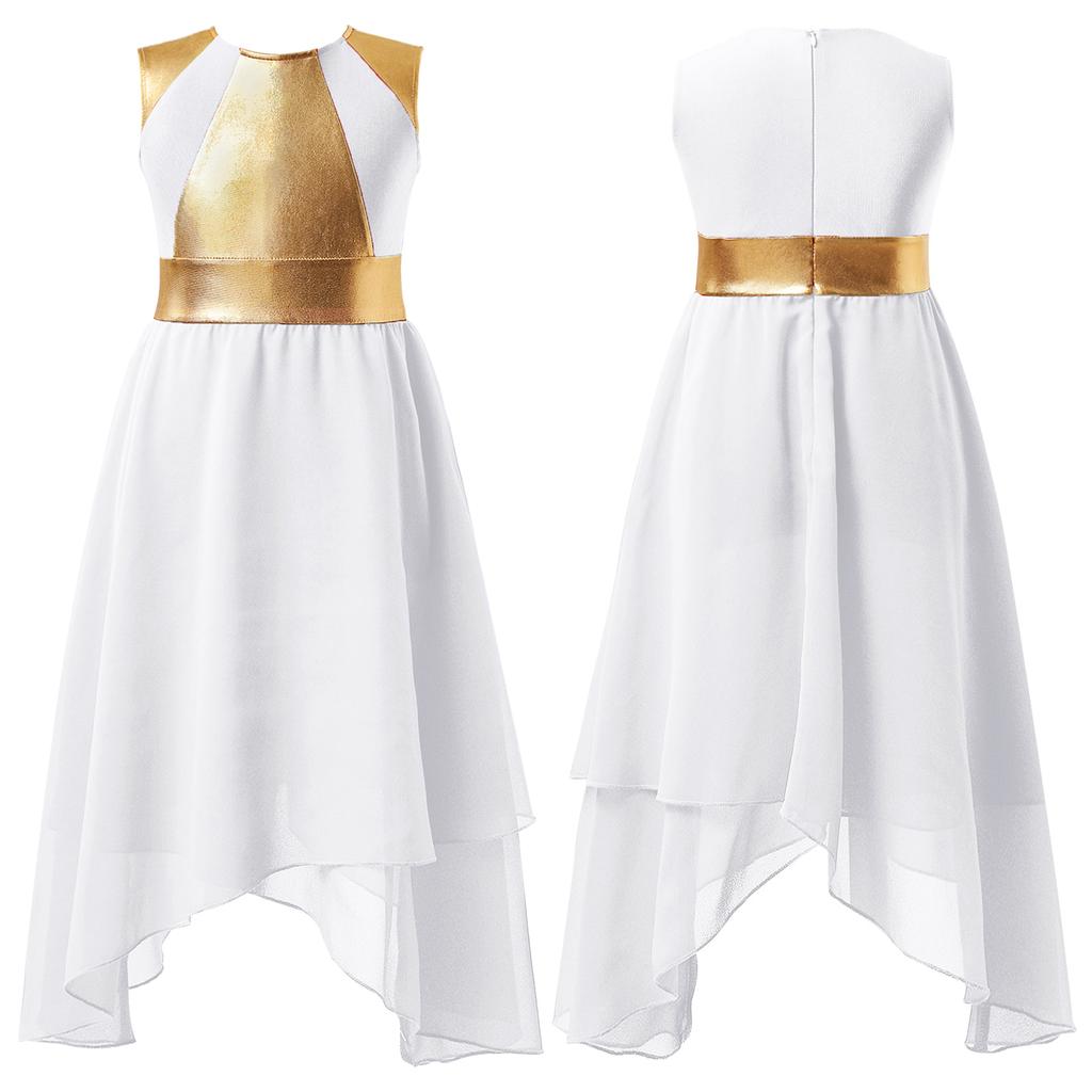 Kids Girls Color Block Asymmetrical Lyrical Contemporary Dance Dress Sleeveless Praise Dance Tunic