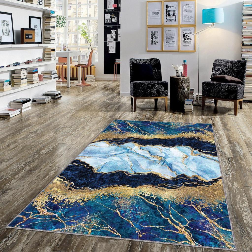 Teppich mit blauem Marmordruck – waschbarer Teppich, moderner Teppich für Wohnzimmer oder Schlafzimmer