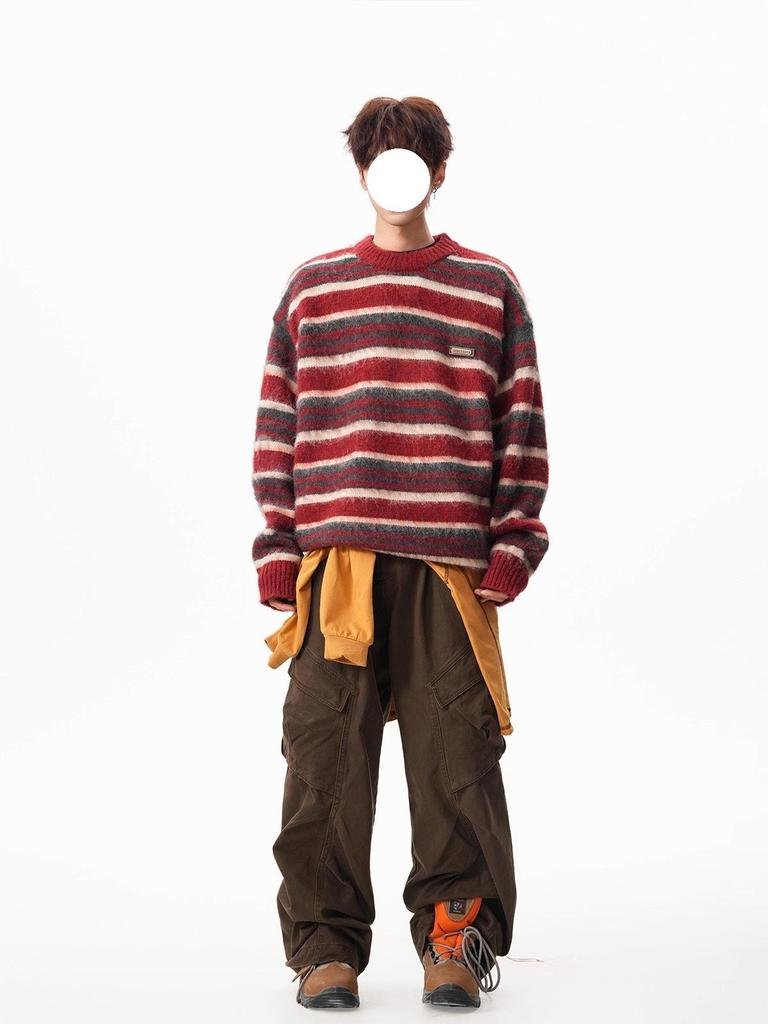 Unisex Retro Rot Gestreifter Mohair Pullover – Herbst/Winter Stil