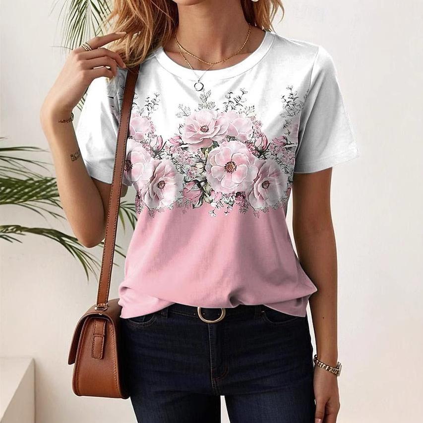 Casual and Versatile High-quality Flower Patterned Short Sleeved Round Neck Top Women's T-shirts