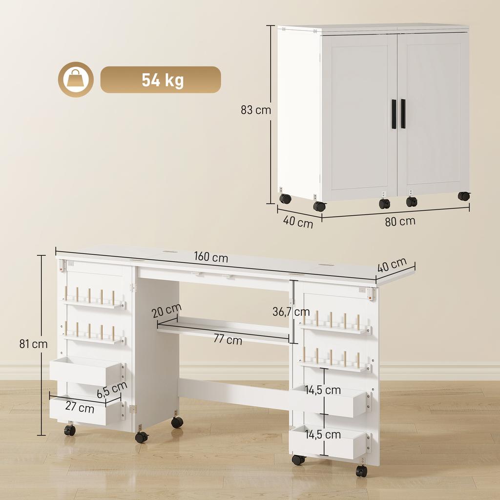Foldable Sewing Table with 2 Magnetic Doors, Rolling Craft Table with 4 Boxes, 20 Holding Pins, Storage Compartment, White