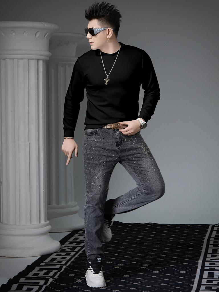 European Style 2025 Autumn New Solid Color Crew Neck Sweatshirt Men's Trendy Casual Top Fashion Long-Sleeve Base Shirt for Men