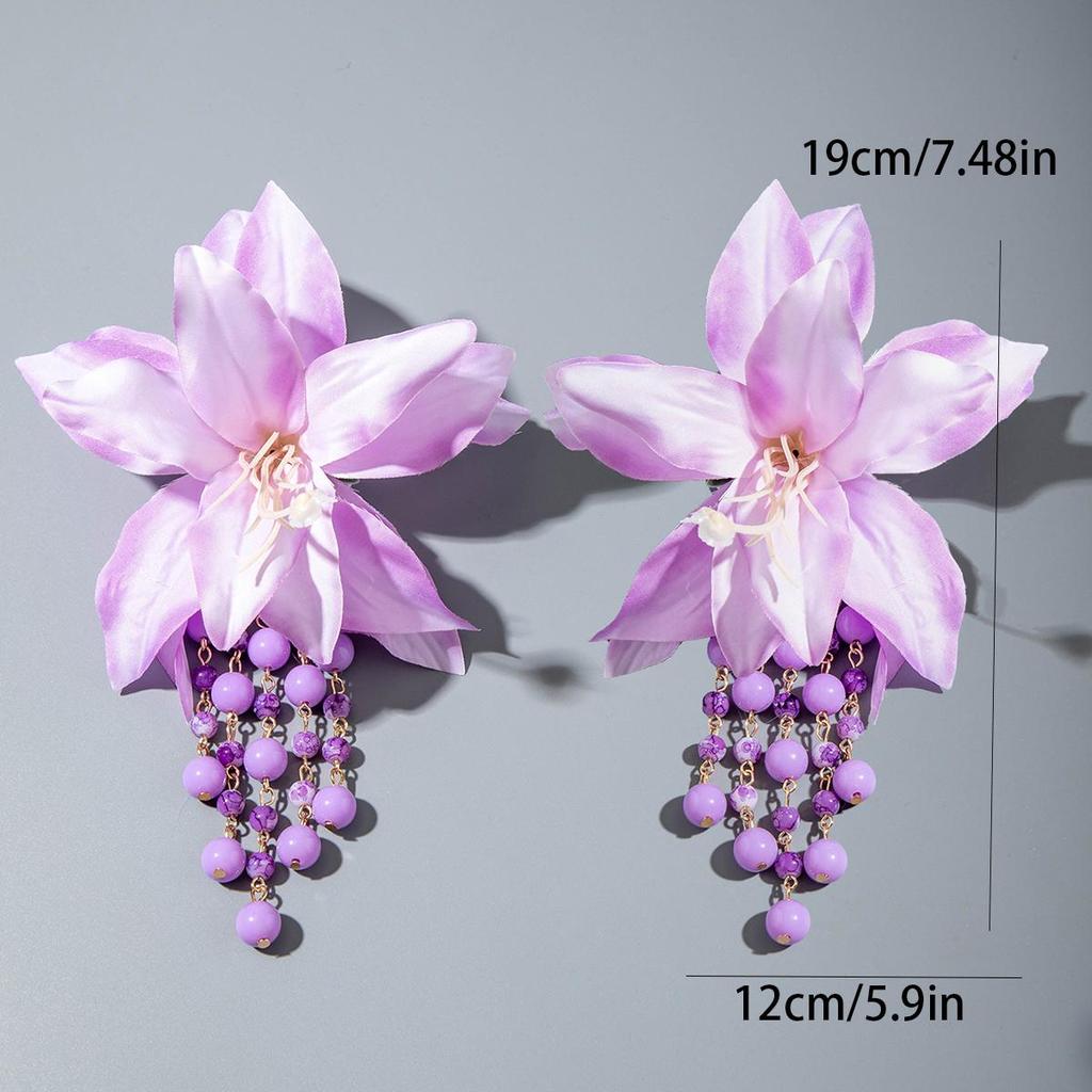 New Fresh Fabric Colored Large Flower Earrings for Women Jewelry Sweet Rice Beads Long Tassels Leaf Earrings Female Earrings