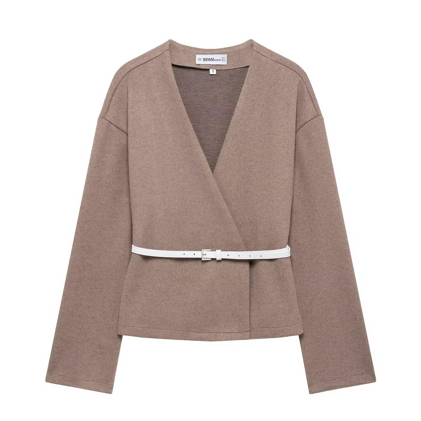 

Весенняя женская однотонная куртка с V-образным вырезом, поясом и длинными рукавами, повседневная, мягкая Small