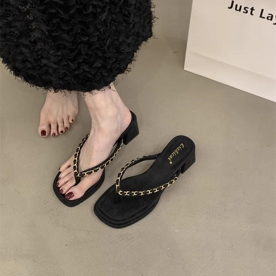 Height-increasing Version~ 2025 Summer New Thick-heeled Flip-flops, Women's Shoes Retro Metal Chain Toe High-heeled Sandals