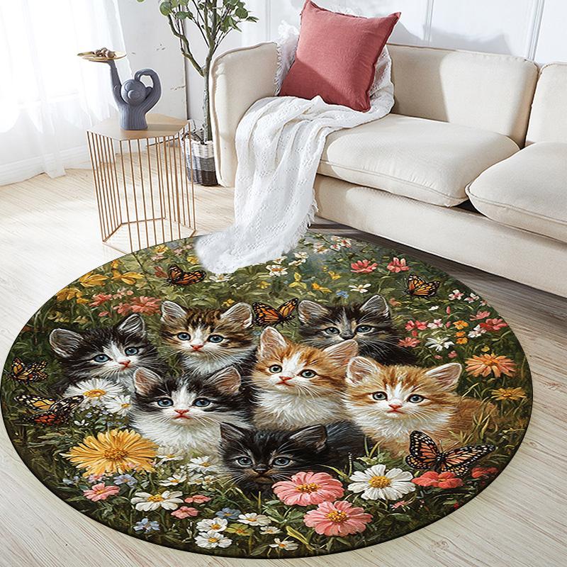 Kittens in Flowers Round Area Rug,Carpet Rug for Living Room Bedroom Sofa Playroom Decor,Non-slip Floor Mat
