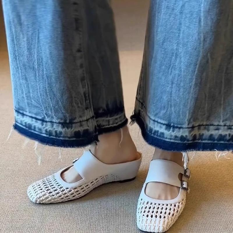 Women Women Summer Square Toe Double Buckle Wedge Heel Slip On Retro Breathable Outdoor Slides