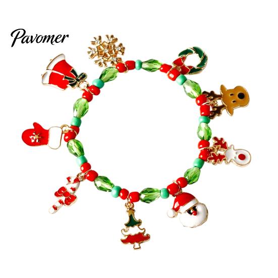 Holiday Jewelry Gifts Christmas Charm Bracelet for Women, Santa Claus Snowman Bell Glove Festive Snowflake Bangle Tree Pendant Bracelet, Adjustable