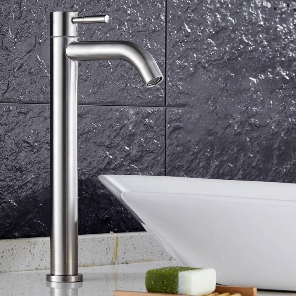 Silver/Black Heighten Washbasin Faucet Stainless Steel Sink Water Tap Single Cold Faucet  Hotel