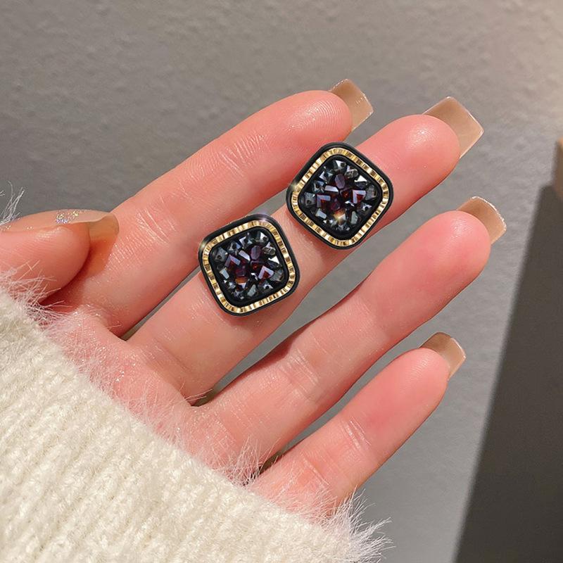 Black Crystal Square Stud Earrings, S925 Sterling Silver, High-End Elegant 2023 Fashion Jewelry.