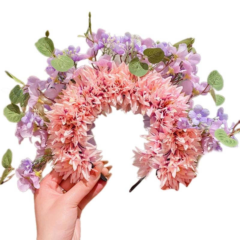 Colorful Flower Headband Double-sided Crown Hair Wreath Wedding Party Costume Headpiece for Bridal Women Hair Accessory