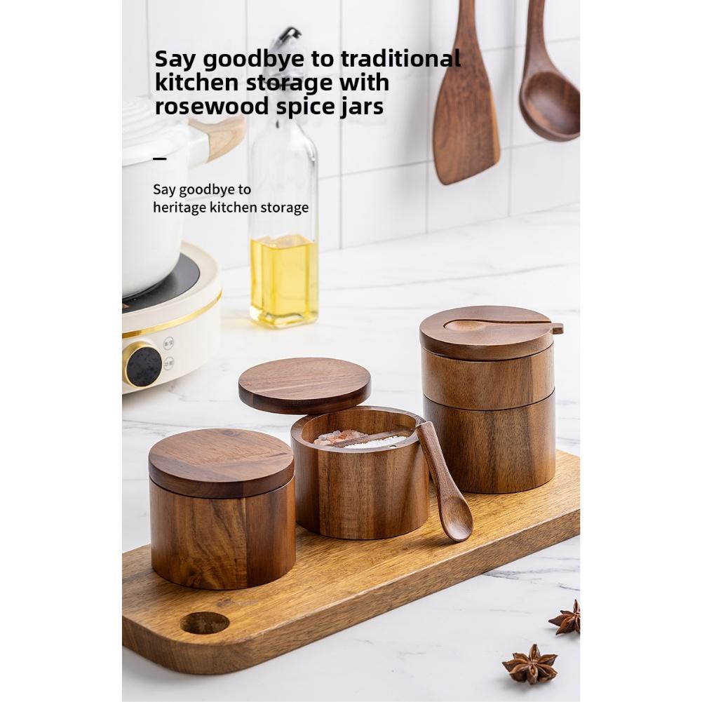 1PCS Acacia Wood Salt Shaker Spice Container Built-in Spoon Slot Condiment Box Kitchen Storage Modern Magnetic Lid Tool