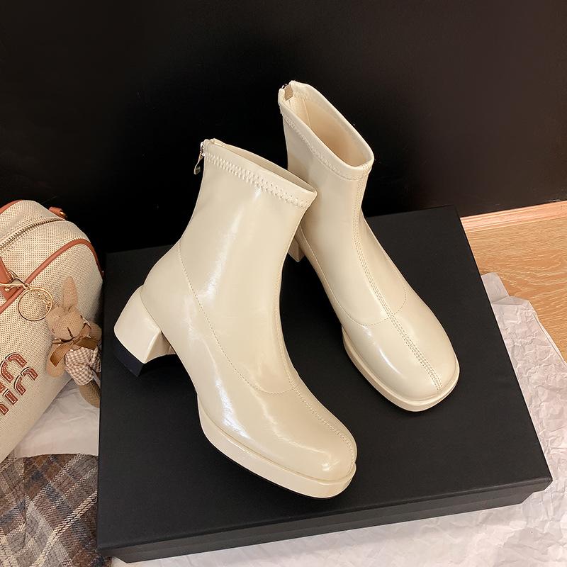 Waterproof Table High-heeled Short Boots Women's Autumn and Winter Thin Boots Thick Heel Zipper Elastic Beige Martin Boots