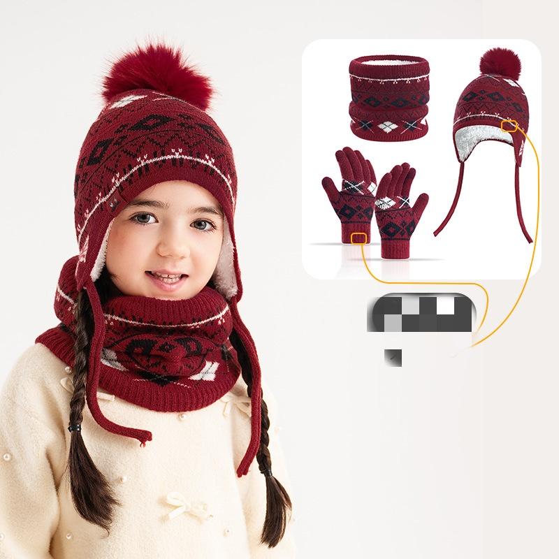 Three Piece Set of Children's Hats, Scarves, Gloves, Winter Warm Acrylic Knitted Ear Protection Hat