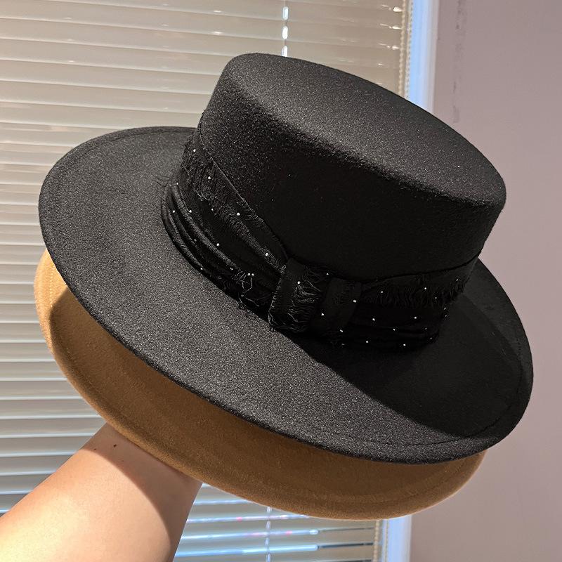 French Rhinestone Satin Top Hat Children Elegant Personality Woolen Hepburn Big Edge Flat Hat Jazz Hat