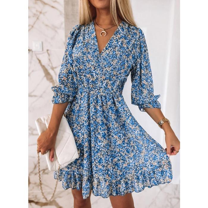 European and American New Temperament Waist and Thin Medium and Long Dress Bohemian Printing Short-sleeved Floral Dress