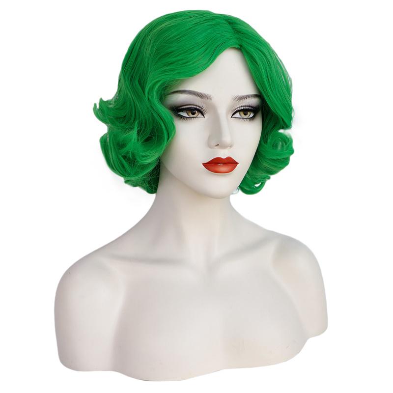 Synthetic Green Hair Wig with Bangs Natural Short Curly Wig for Women Cosplay Costume Drag Queen Party Heat Resistant