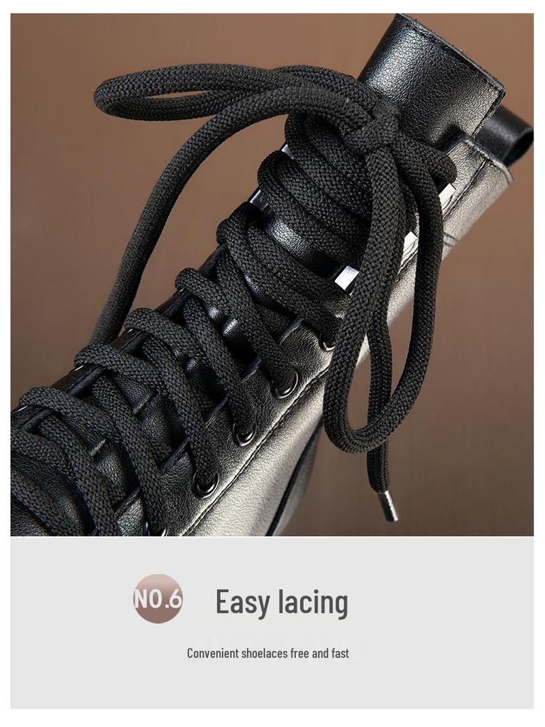 Women's Small Leather Martin Boots - Black British Style, High-Heel, Short, 2025 Autumn/Winter