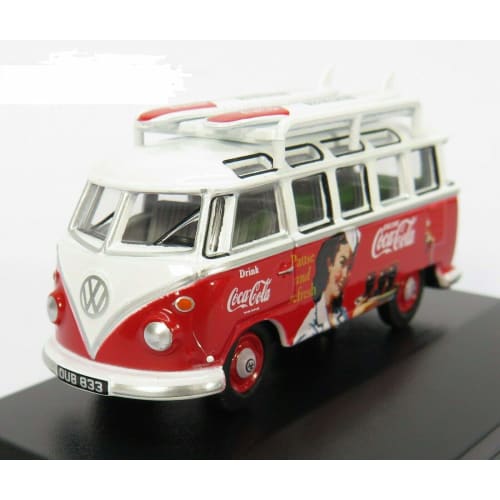 Oxford 1/76 Scale Volkswagen Bus Miniature Car, OXFORD 1962 Bus T1 Diecast Car, Derivan Surfboard Included, Coca-Cola