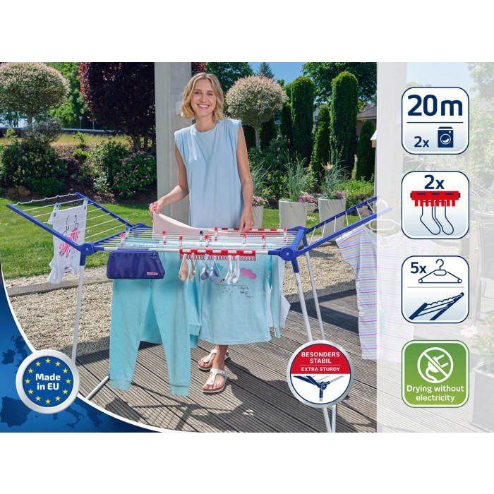 Étendoir a linge Leifheit Pegasus 200 Solid Comfort 81516, séchoir a linge avec 20m d'étendage, tancarville 8 accessoires, blanc