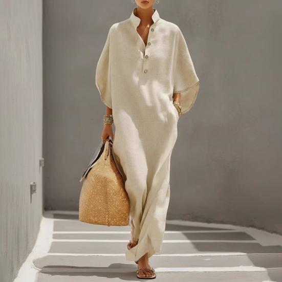 Summer Stand Collar Maxi Dress for Women Half Sleeve Button Up V Neck Long Dress Loose Flowy Beach Sundress with Pockets