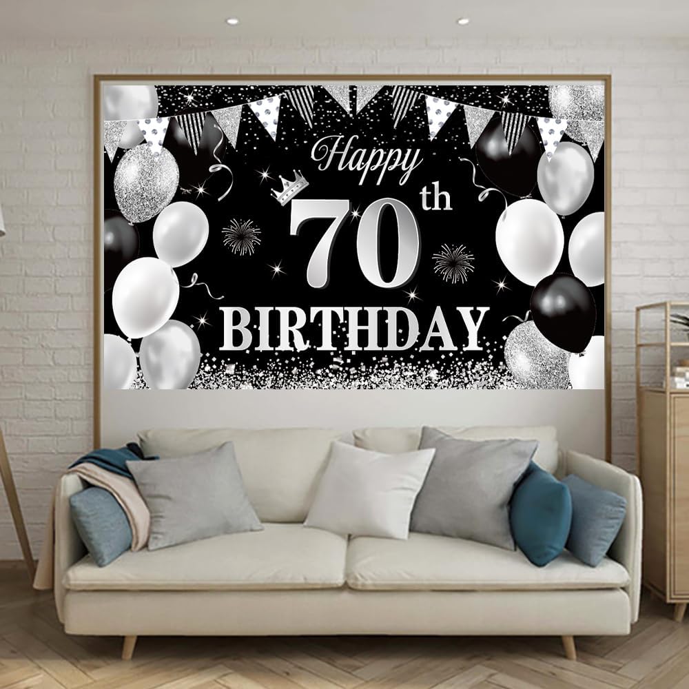 70 Birthday decoration for men and women 70 Happy Birthday Banner Large Black silver Birthday Background Banner 70 Week Commemorative Birthday Party