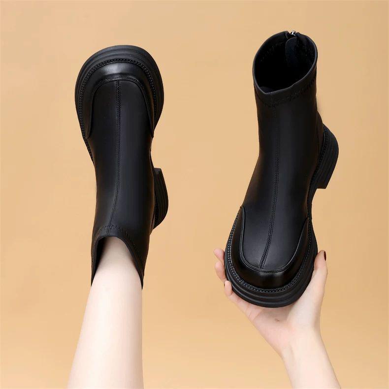 Women's Genuine Leather Chelsea Ankle Boots - New 2025 British Style, Winter Velvet Lining, Thick Sole, Slimming Design, Available in Plus Size 41